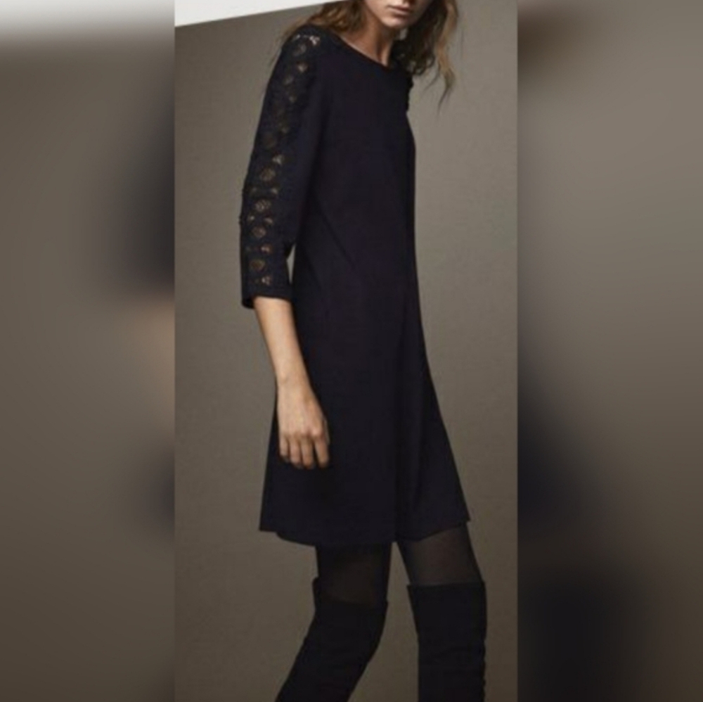 MASSIMO DUTTI Dress Womens M Navy Jersey Shift Lace Sleeve Minimalist Preppy